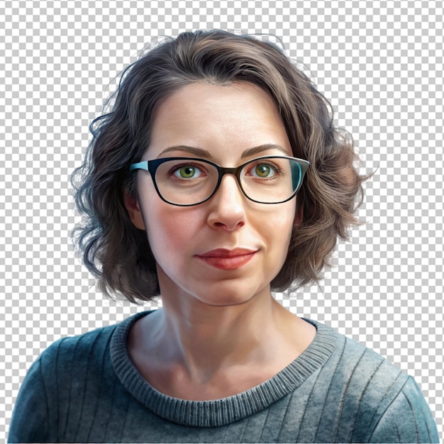 PSD of a woman with glasses thinking isolated on transparent background