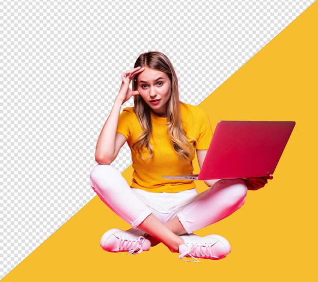 PSD psd a woman with a laptop and a yellow background with transparent background