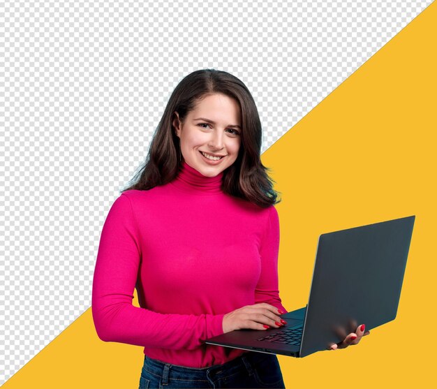 PSD a woman with a pink shirt that says she is holding a laptop with transparent background