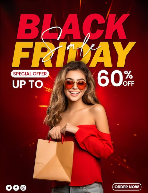 PSD psd woman with shopping bag black friday upto sale banner design for social media with editable text