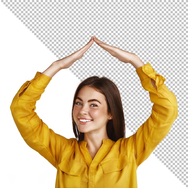 PSD psd woman in a yellow shirt is holding up her hands on a transparent realistic background