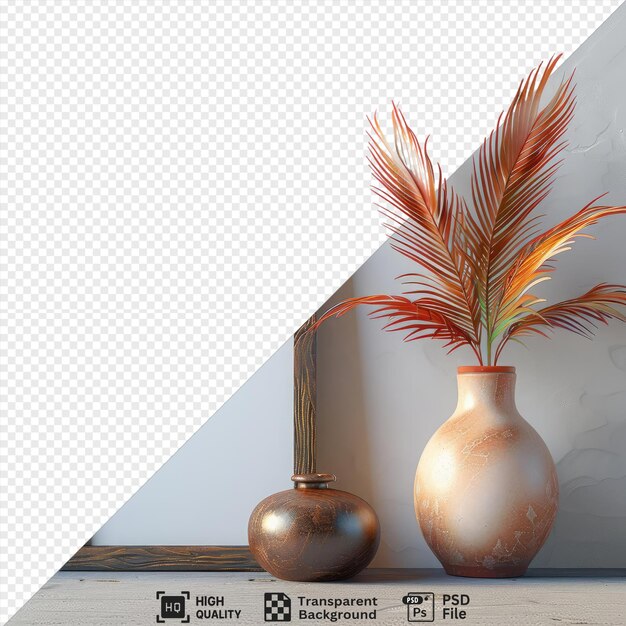 PSD psd a wooden frame with feathers on it sits on a table next to a vase against a white wall