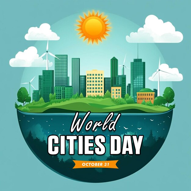 PSD psd world cities day poster and banner with green sustainable city with smart city background