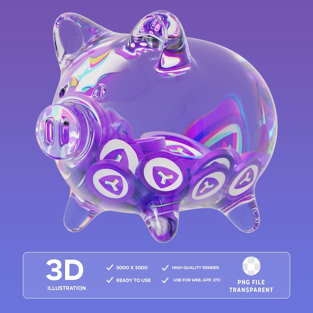 PSD xym clear glass piggy bank with decreasing piles of crypto coins 3D Illustration