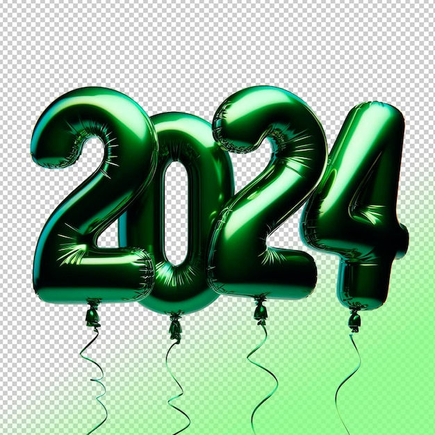 PSD year 2024 made of green shiny balloons on a transparent background