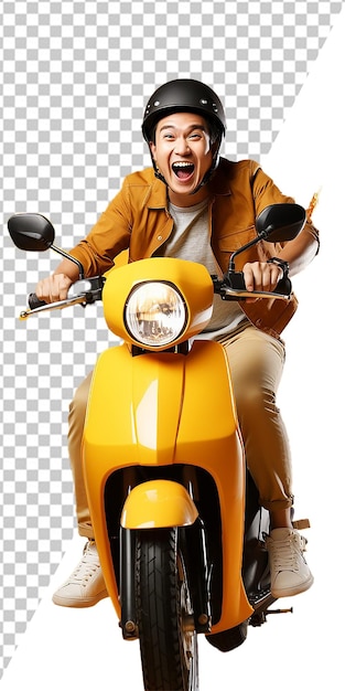 Psd yellow scooter with a man on the front on the front is off With Transparent Background