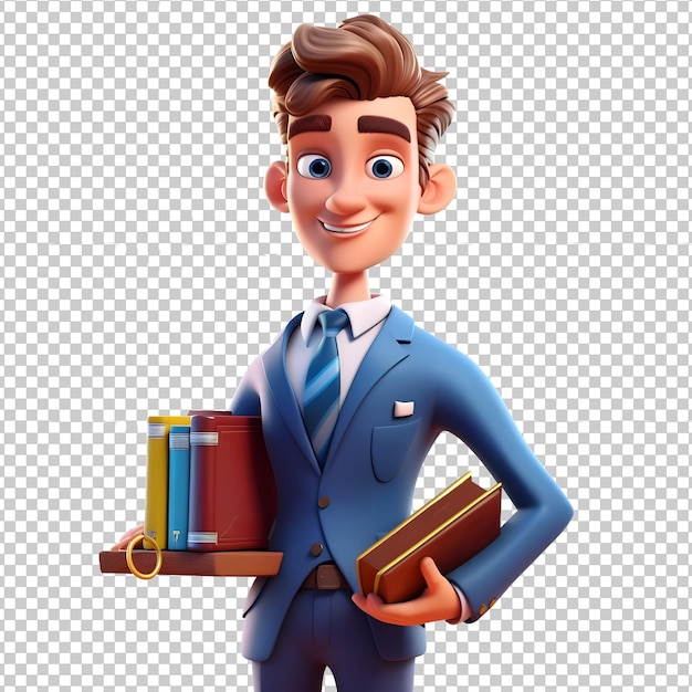 PSD Young 3d Lawyer holding books of law isolated on transparent background