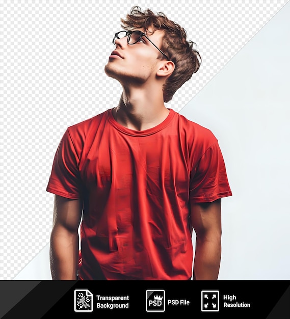 psd young confident man red shirt with optical glasses looks side to side