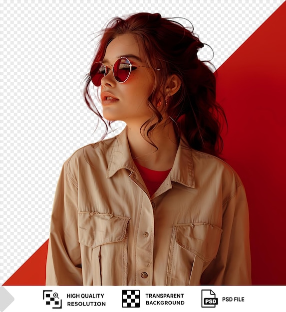 PSD psd a young pretty woman in beige clothes and in sunglasses stands in front of a red wall wearing a brown shirt with a white collar and a brown pocket she has long brown hair and png psd