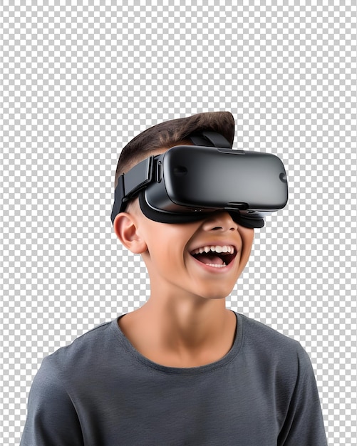 PSD Young teen boy wearing VR Headset isolated on transparent background