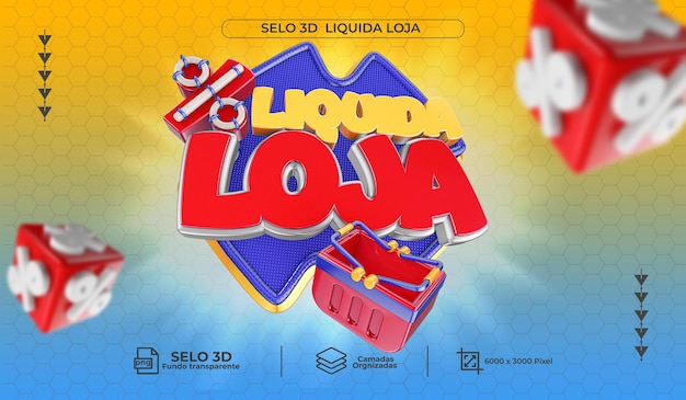 PSDSelo 3D Liquida Loja azul e vermelho para vendas e promo