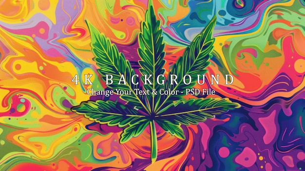 A psychedelic illustration of a cannabis leaf on a colorful background