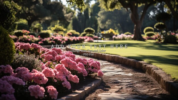 PSD public park with colorful curved flower beds