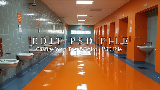 PSD public restroom with orange floor and grey tiles