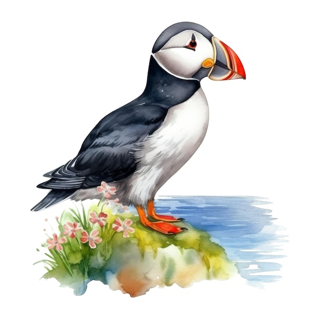 Puffin Bird Illustration Watercolor Style AI Generated