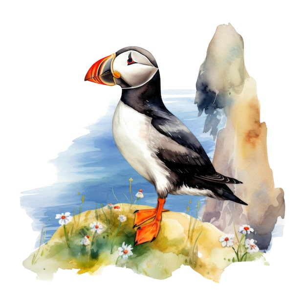 Puffin Bird Illustration Watercolor Style AI Generated