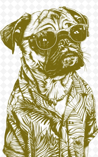 Pug in a Hawaiian Shirt Looking Fun and Carefree Poster Desi Animals Sketch Art Vector Collections