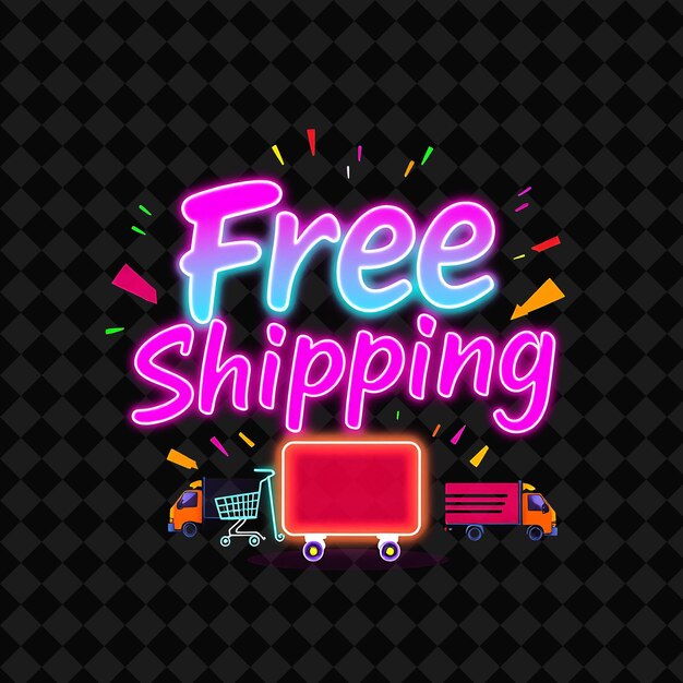 PSD pulsating free shipping text in neon vibrant magenta and hot pink surrounded by animated shopping ca