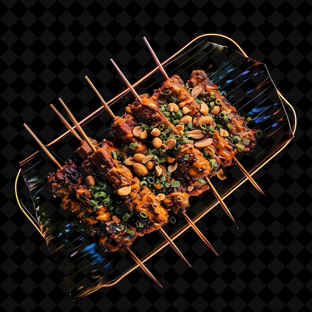 PSD pulsating neon grid satay skewers in a rustic woven banana l png neon food decor y2k collection