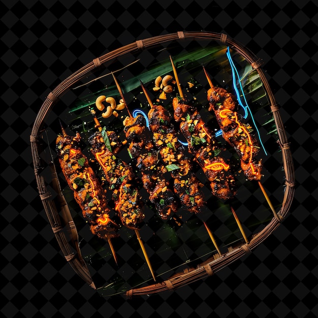 PSD pulsating neon grid satay skewers in a rustic woven banana l png neon food decor y2k collection