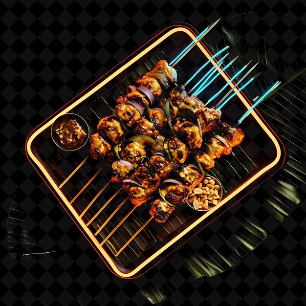 PSD pulsating neon grid satay skewers in a rustic woven banana l png neon food decor y2k collection