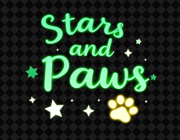 Pulsating Stars and Paws Text in Neon Emerald Green and Crisp White Featuring a Luminescent Paw Pri