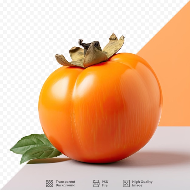 a pumpkin with a leaf on it sits on a table.