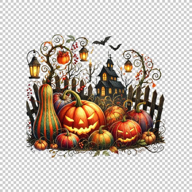 PSD pumpkins and haunted house illustration isolated on transparent background