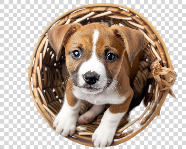 PSD puppy joyful sitting in a basket on transparent background