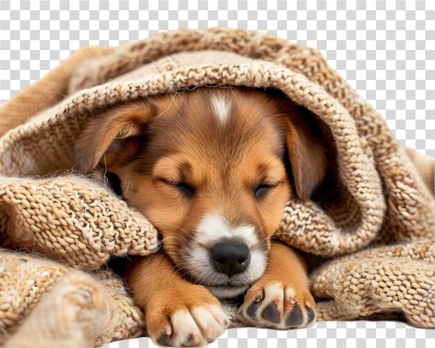 PSD puppy sleepy in a blanket on transparent background