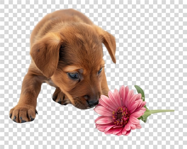 Puppy sniffing a flower on transparent background