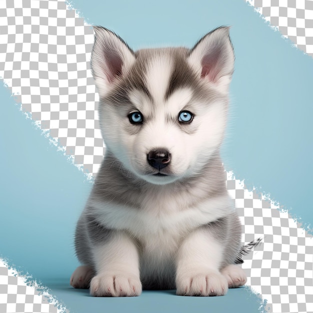 a puppy that is sitting on a blue background