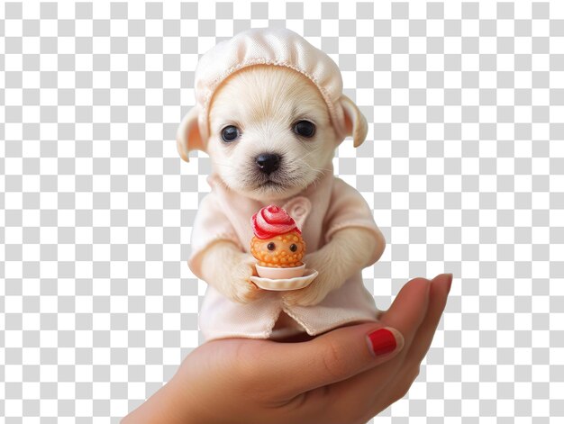 PSD a puppy with a hat on his head and a cookie in the background