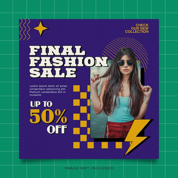 A purple ad for a fashion sale with a woman wearing sunglasses.