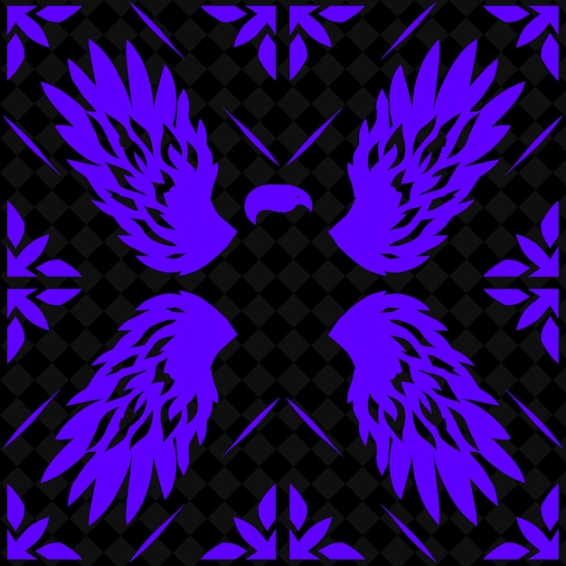 a purple angel with a pattern of wings on a black background