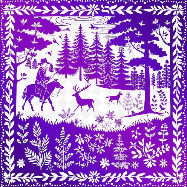 PSD a purple background with a deer and trees and a deer in the woods