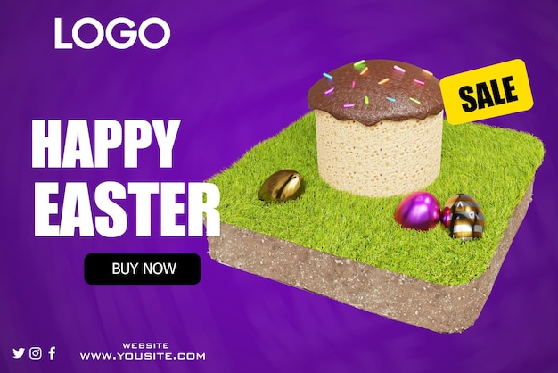 A purple background with a happy easter sign and a grass field with a purple background.