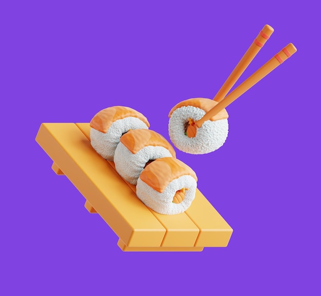 A purple background with sushi on it and a piece of brown food on it.