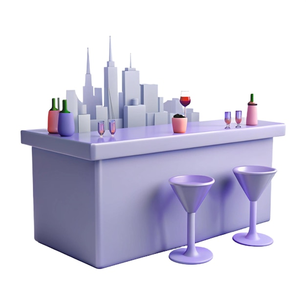 a purple bar with a picture of a city skyline