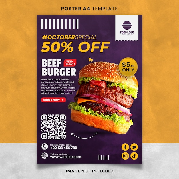 Purple Beef Burger Food Menu and Restaurant Poster or Banner Template Ready to Print