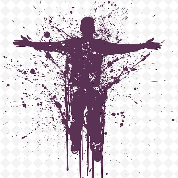 a purple and black image of a man with arms outstretched