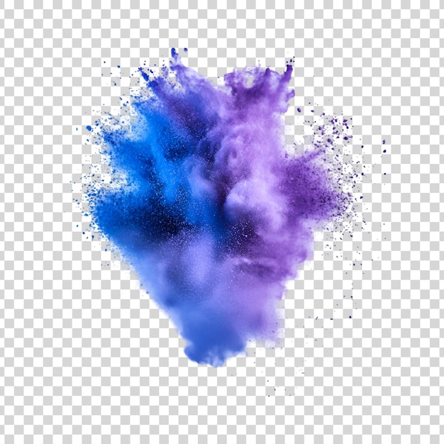 Purple and blue powder explosion splashes on a transparent background