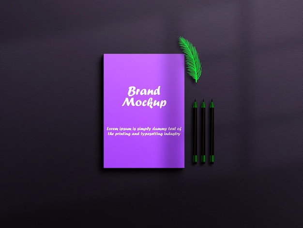 A purple book that says brand mockup on it