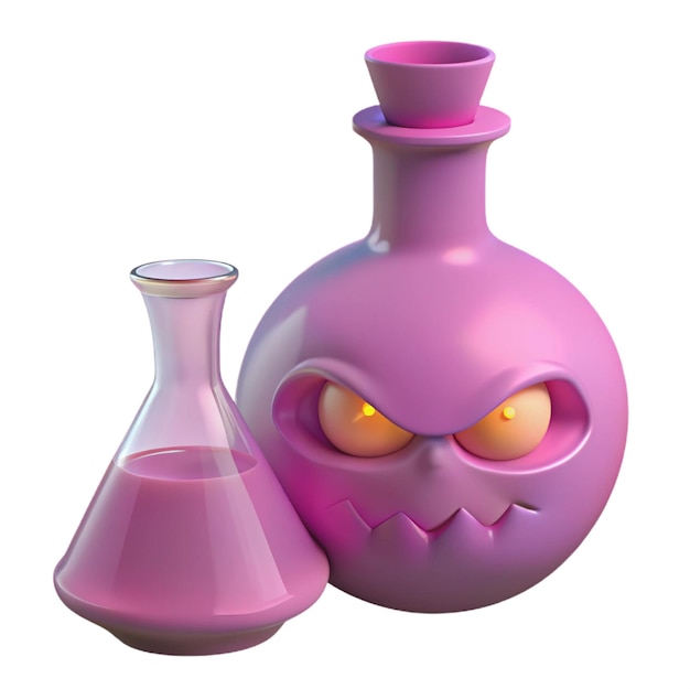 a purple bottle with a face on it next to a pink bottle