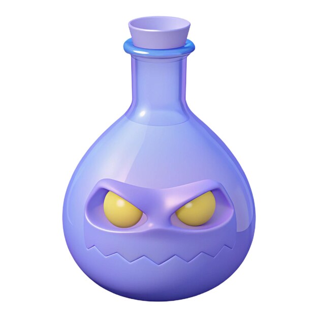 a purple bottle with a purple face and yellow eyes