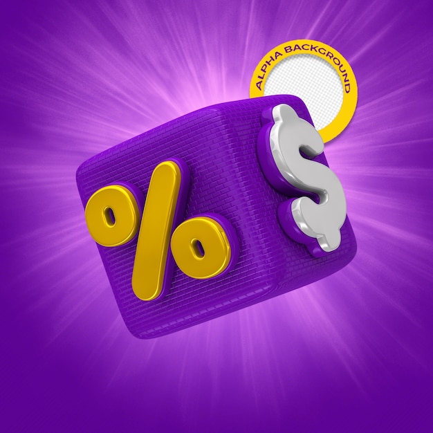 A purple box with a dollar sign on it that says a percent