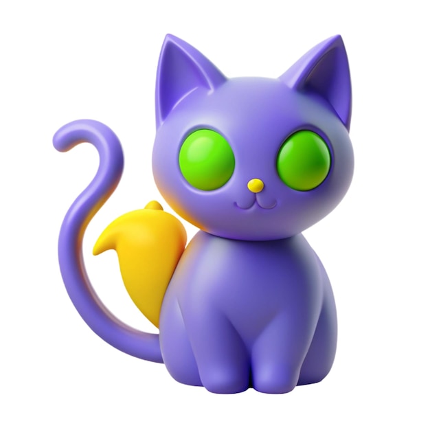 PSD a purple cat with green eyes and yellow eyes sits on a purple cat figurine