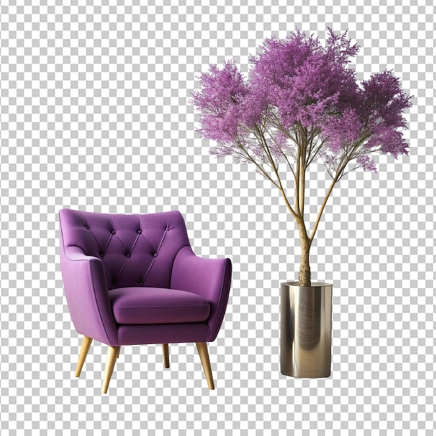 PSD purple chair with a tree in a vases on transparent background