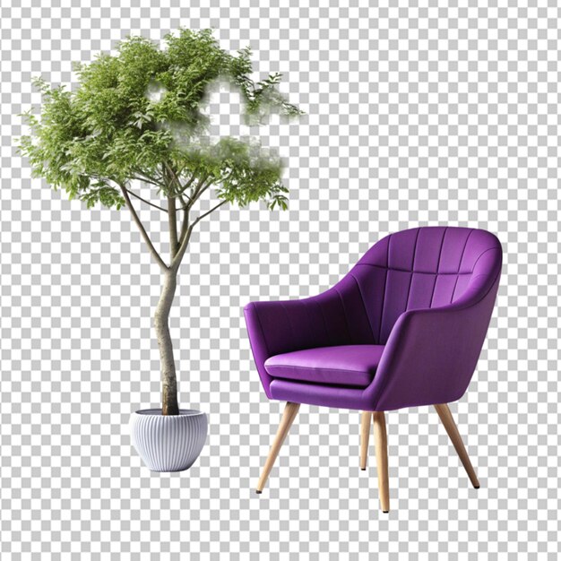 PSD purple chair with a tree in a vases on transparent background