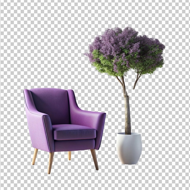 PSD purple chair with a tree in a vases on transparent background